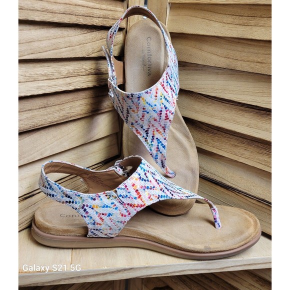 Comfortiva Calina White Multi Thong Wedge Sandal Women's Sleek Adj Strap 10W - Picture 2 of 10